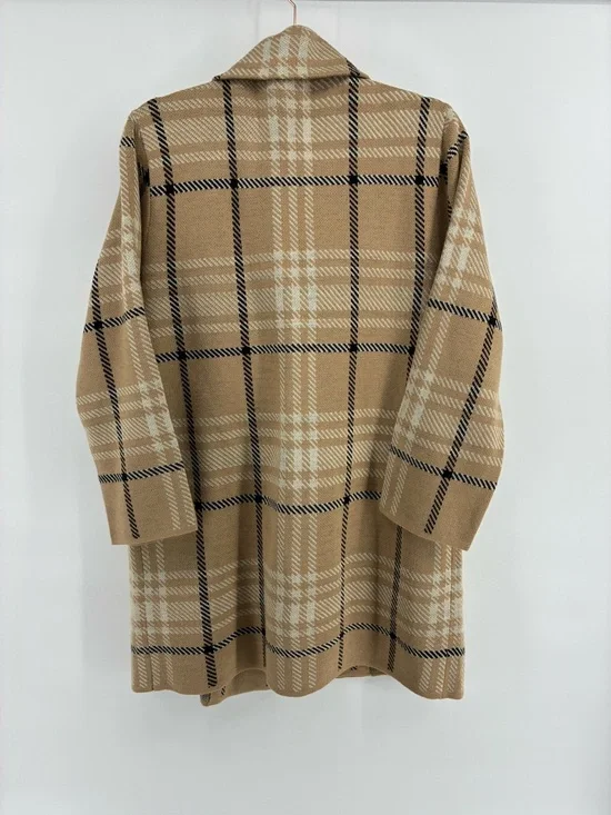 Anne Klein Tan Plaid Double-Breasted Pea Coat Cardigan Shacket - Picture 6 of 9